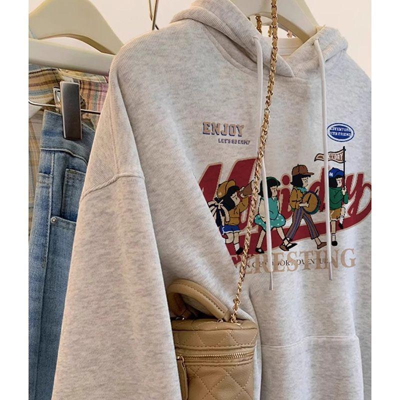 Grey Front Shoulder Hooded Sweater Women's Lazy Wind Loose Pullover Long Sleeve Top