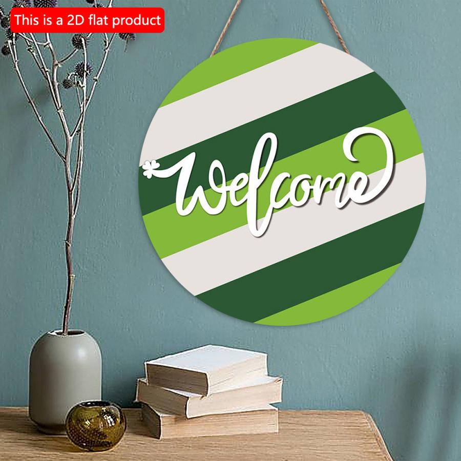2D flat 20*20cm 1pc Welcome St. Patrick's Day White green stripes Wood Hanging Door Sign, Lucky Shamrock pattern simple style Art Plaques for Front
