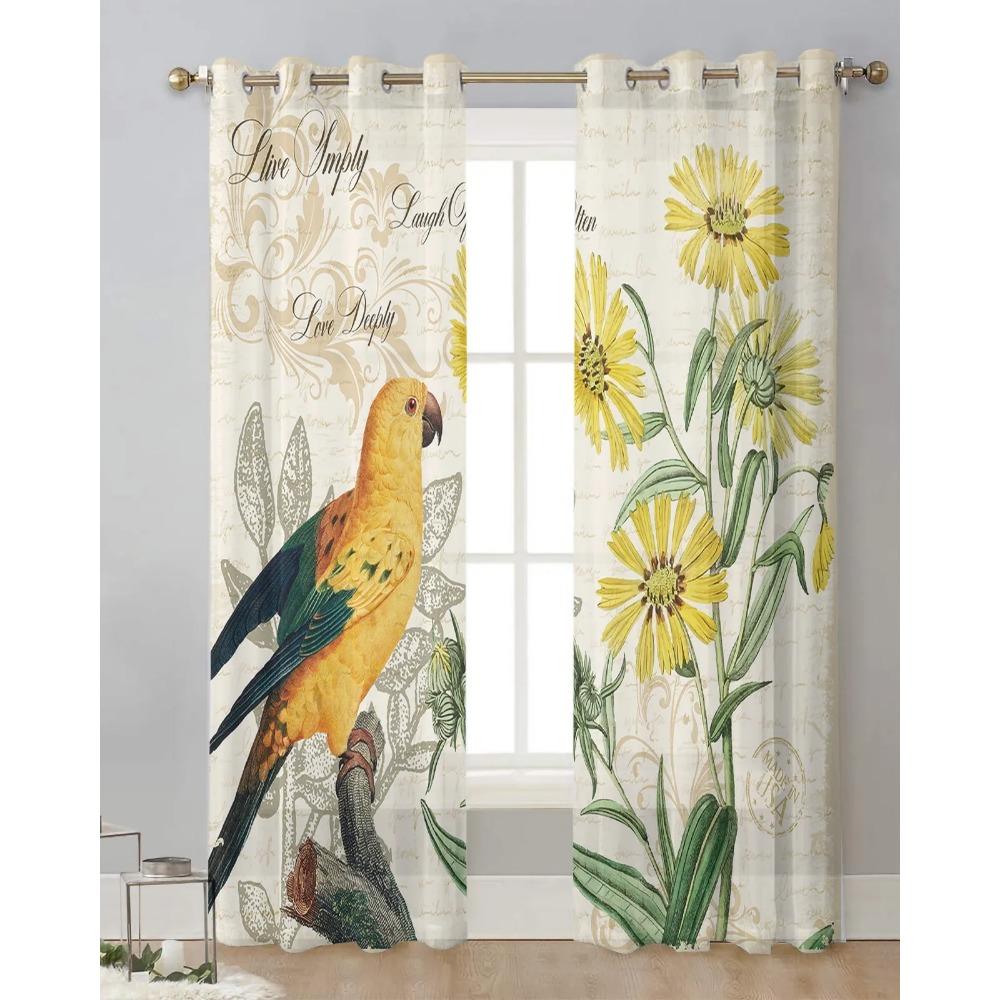 Gelber Papagei Sonnenblume Retro Transparente Vorhänge zur Wohnzimmerdekoration Fenstervorhang Küche Tüll Voile Organza Drapierungen