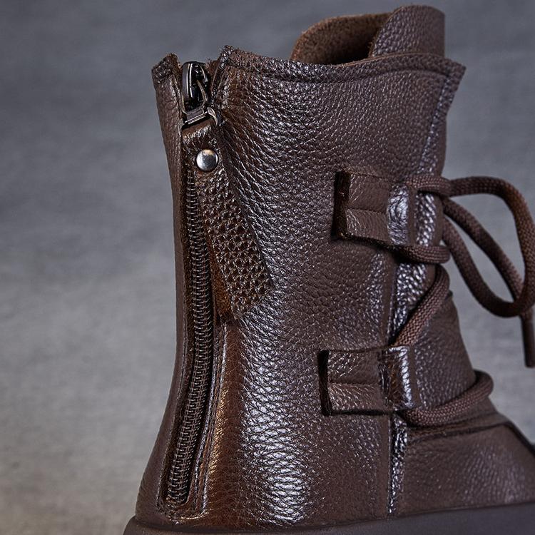 Johnature Handmade Vintage Mid-calf Boots Genuine Leather Women's Thick Soled Casual Versatile Short Boots