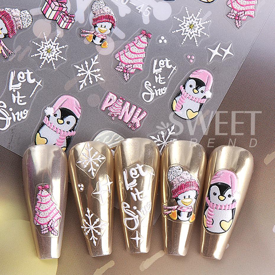 5D Embossed Christmas Nail Stickers Gingerbread Man Snowflake Snowman Penguin Autumn Winter Nail Art Decals Decoration