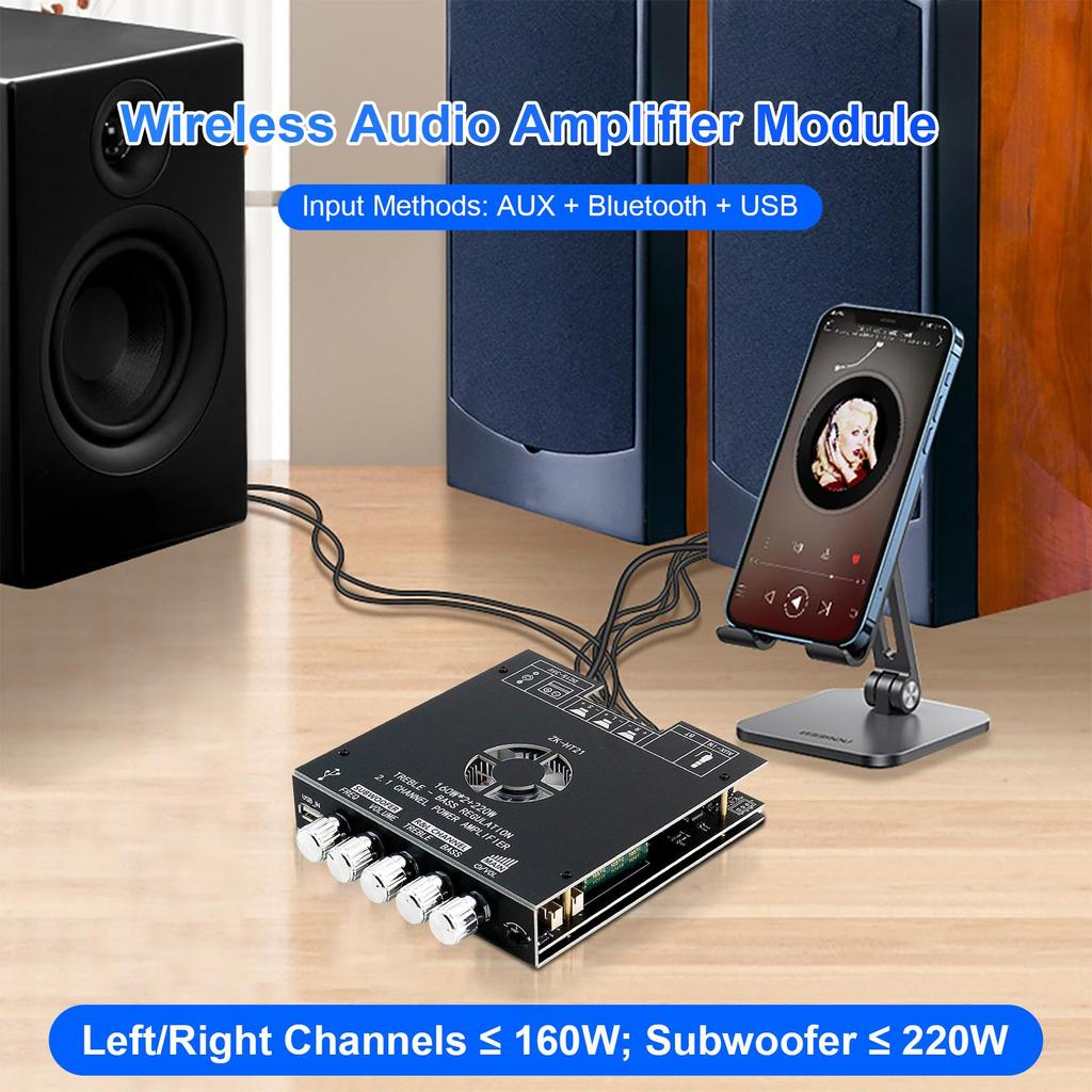 TDA7498E Bluetooth Amplifier Board 160W×2+220W Subwoofer 2.1 Channel Audio Receiver Power Amplifier Module w/ Treble and Bass Control for DIY Speakers