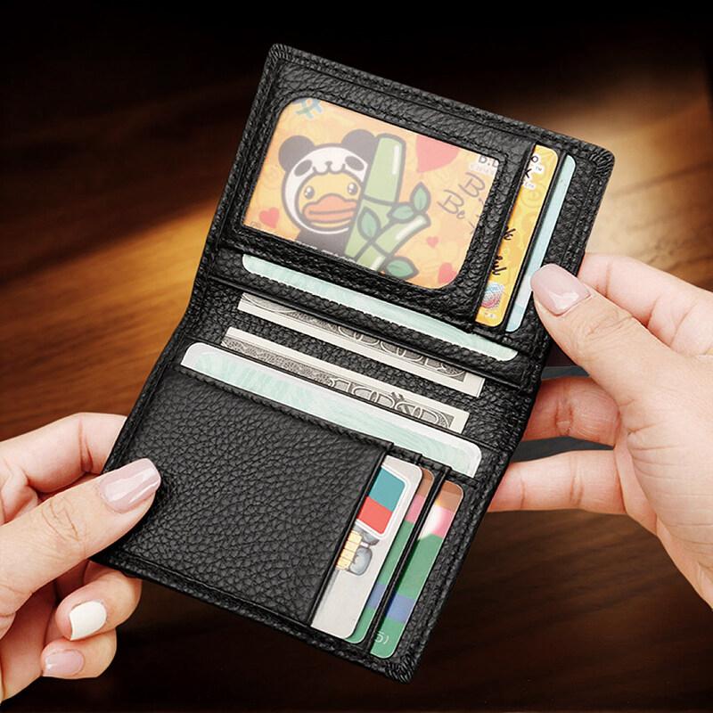Transparent ID Window Credit Card Holder Durable Soft Multi Card Slots Top-grain Leather Bifold Thin Small Wallet Black Coffee