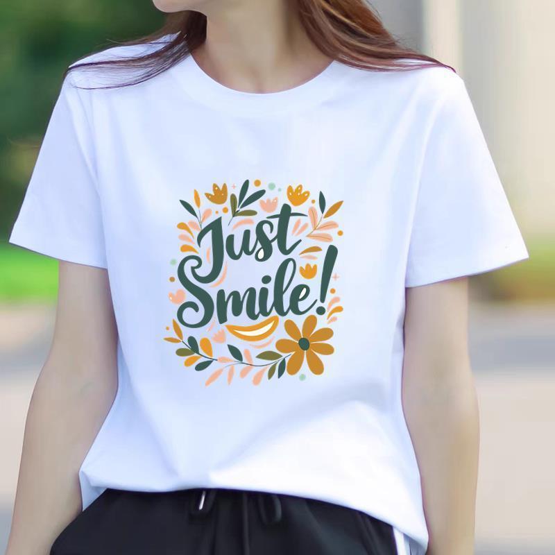 Korean Style Printed Summer T-Shirt: Round Neck, Short Sleeve, Trendy Outerwear for Young Women