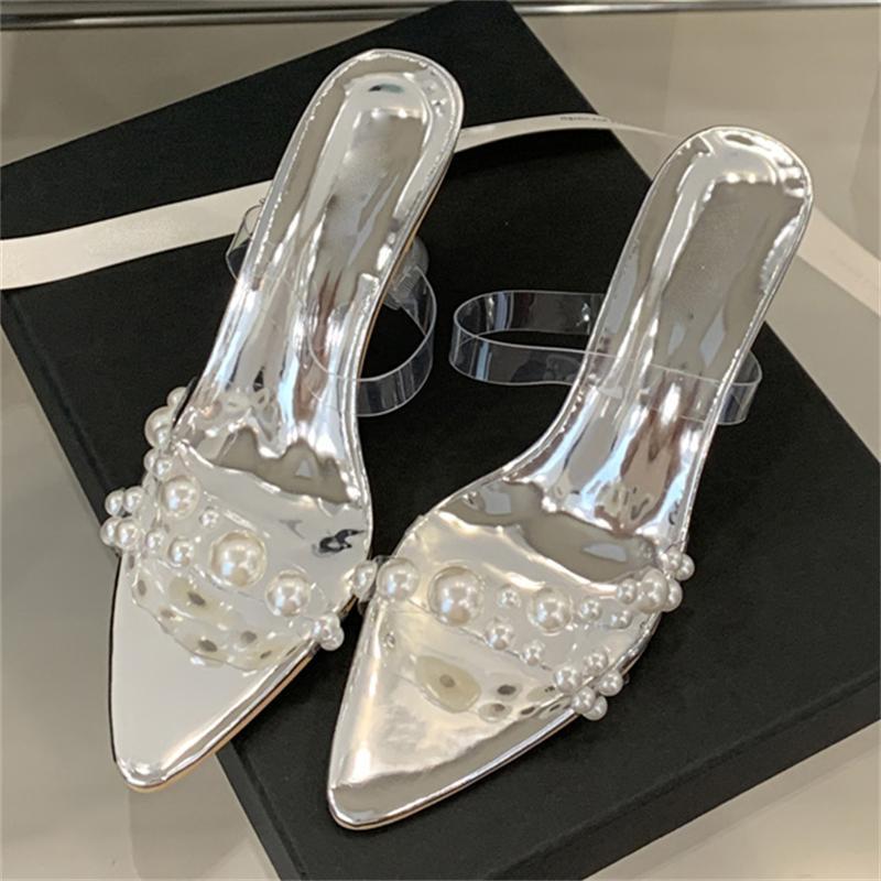 Eilyken New Summer Pointed Toe Crystal High Heels Women Slippers PVC Transparent Pearl Banquet Party Slide Shoes