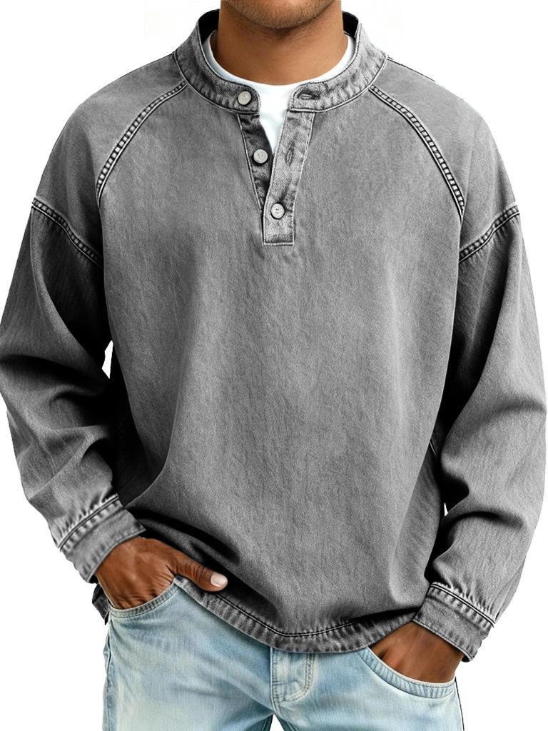 Men S Vintage Washed Stand Collar Long Sleeve Loose Solid Color Sweatshirt