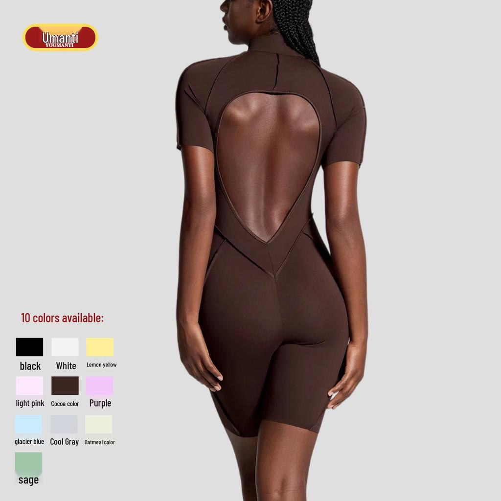 High-End Comfort Sports Yoga Tight-Fit Zipper Short Sleeve Jumpsuit