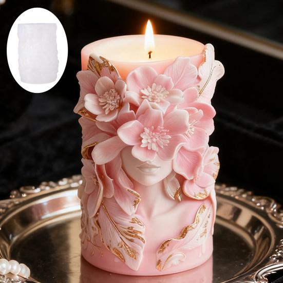 Flower Cylinder Candle Mold Floral Goddess Pillar Candle Silicone Molds for DIY Soap Candle Making Resin Casting Aromatherapy Candle Gypsum Clay Craft