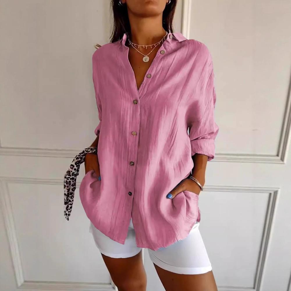 Women Solid Lapel Pleated Blouse, Single Breasted Rollable Long Sleeve Shirt