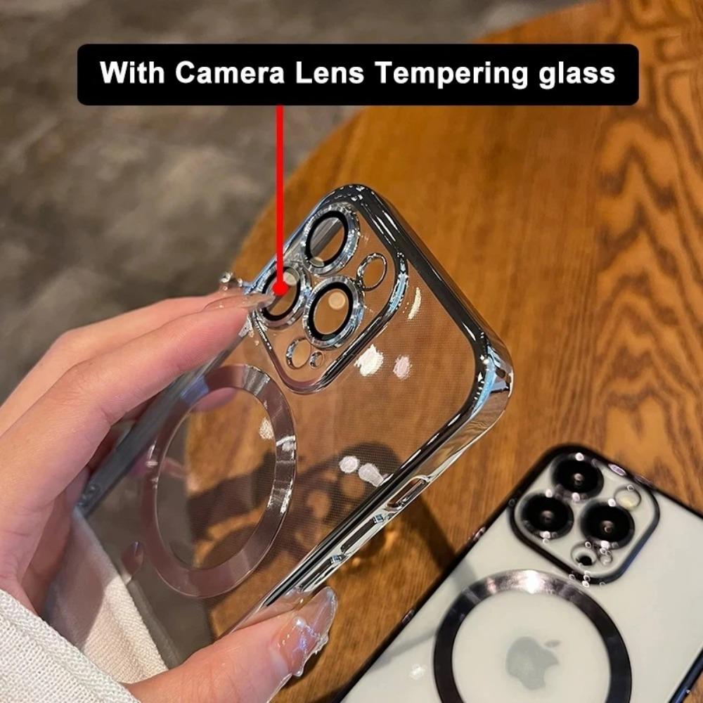 Luxury For Magsafe Magnetic For iPhone 16 15 14 13 12 11 Pro Max Plus Transparent Pink Soft Plating Lens Protection Case Cover