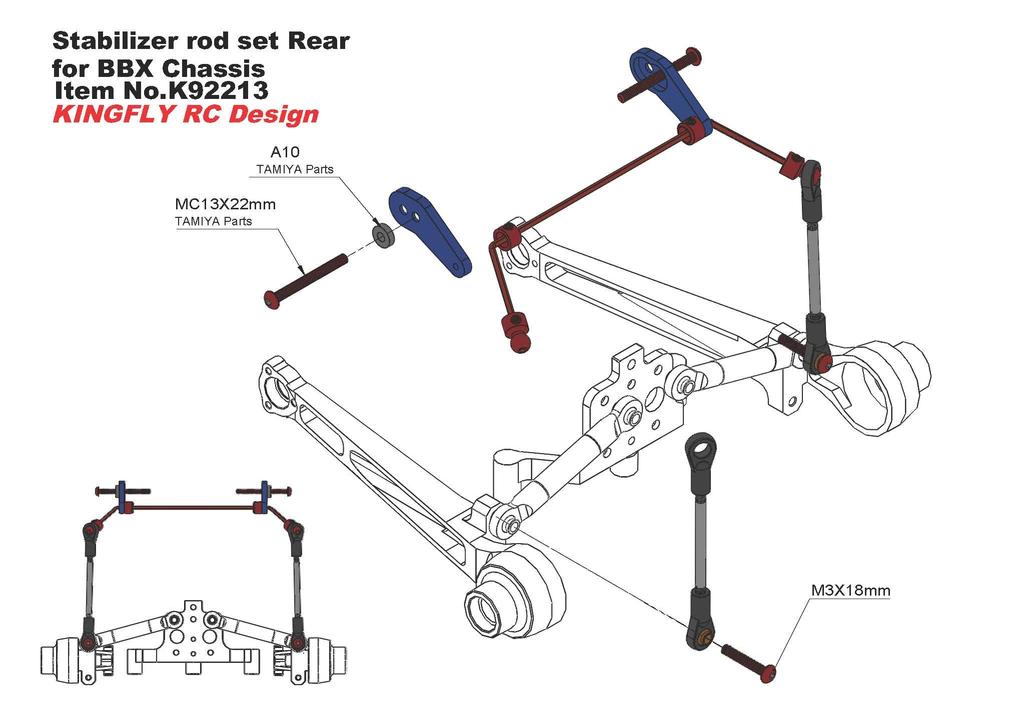 Kingfly OP Parts Rear Stabilizer Rod Set for Tamiya BBX Chassis 1/10 BB-01