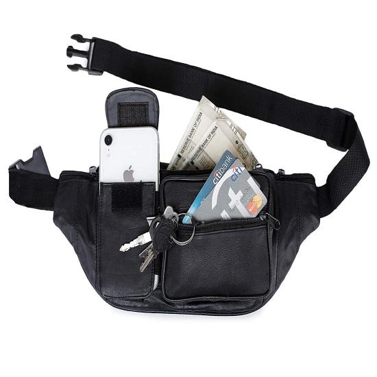 Noora Stylish Black Leather Waist Travel Pouch Passport Holder Bag for Men & Women