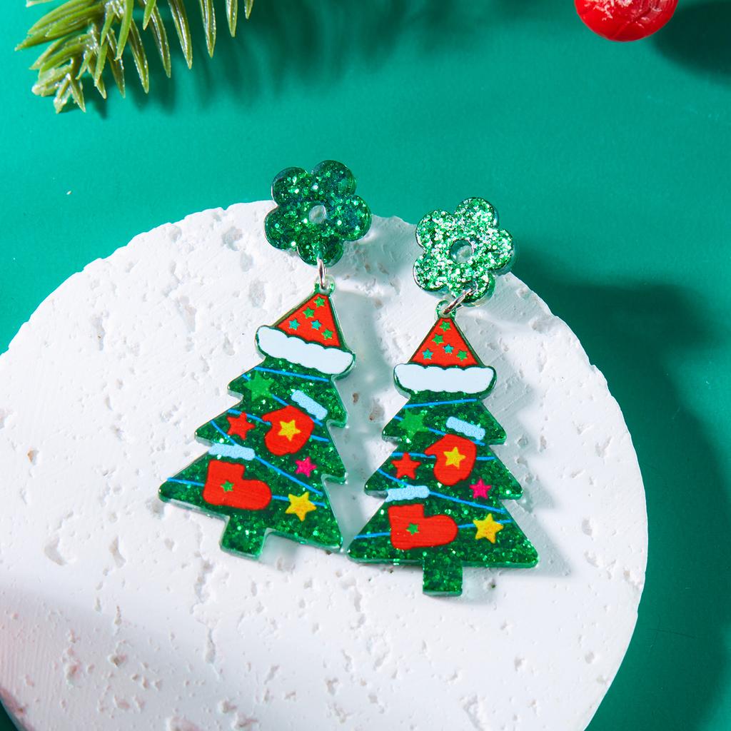 Minimalist  Acrylic Christmas Tree Pendant Earrings for Women Cartoon Colorful Print Xmas Tree Star Earrings Jewelry Gifts
