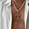 Ingemark Vintage Creative Big Imitation Pearl Jesus Cross Pendant Choker Necklace for Men Luxury Adjustable Chain Grunge Jewelry