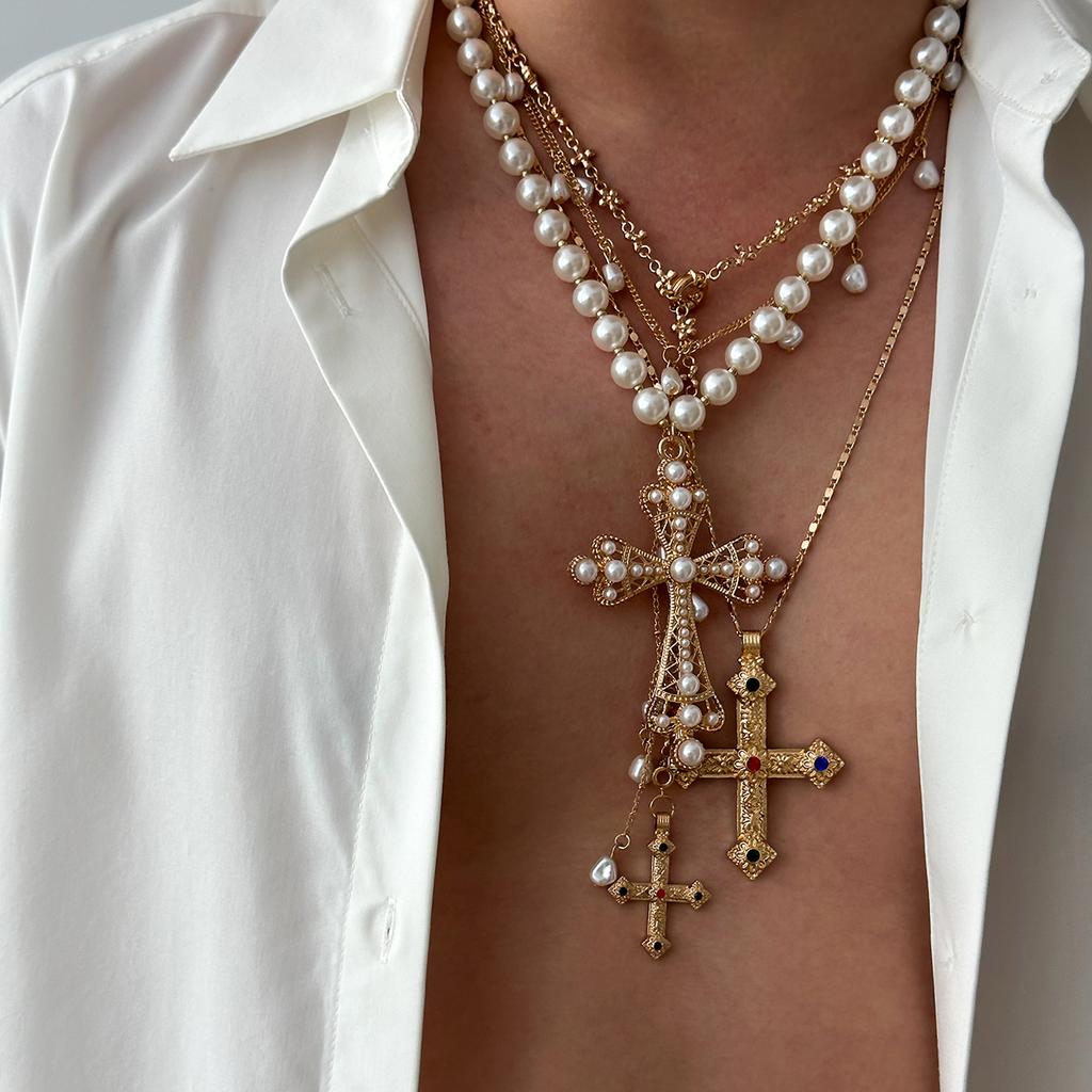 Ingemark Vintage Creative Big Imitation Pearl Jesus Cross Pendant Choker Necklace for Men Luxury Adjustable Chain Grunge Jewelry