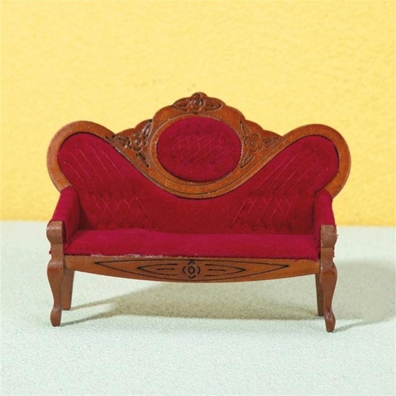1:12 Dollhouse Miniature Sofa Red Retro Armchair Wooden Patch Sofa Model Living Room Furniture Decor Toy