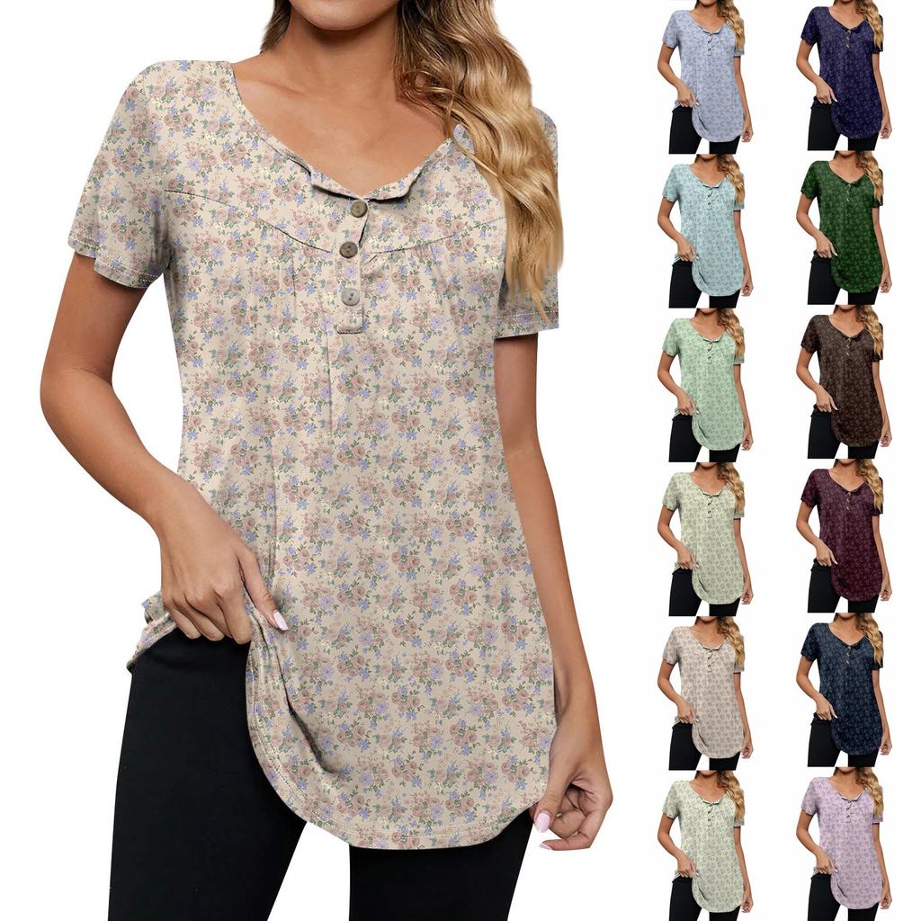 Women's Fashionable Casual V-Neck Floral Print Button-Down Short Sleeve T-Shirt Top