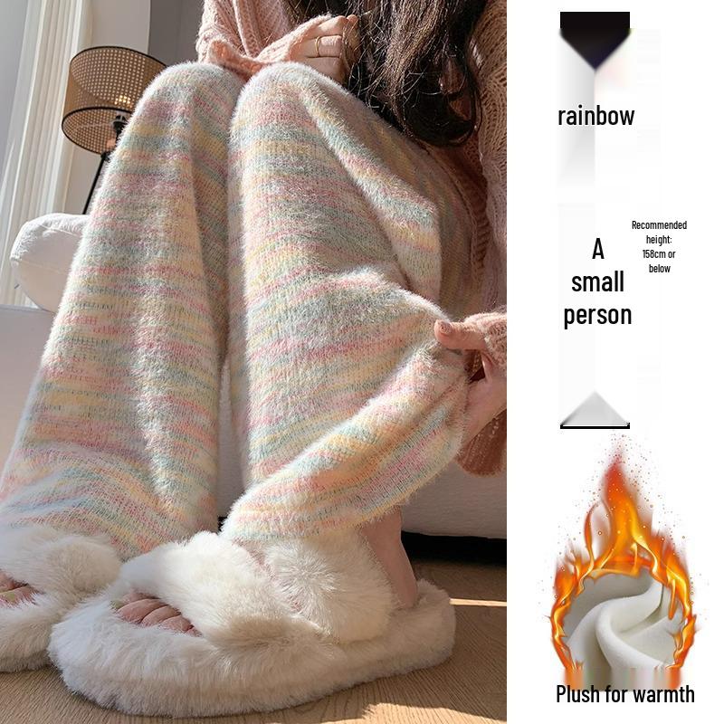 Women's Rainbow Bubble High Waist Fleece-Lined Pants - Autumn Winter 2024, Lazy Style, Drapey, Cotton, 145 Petite