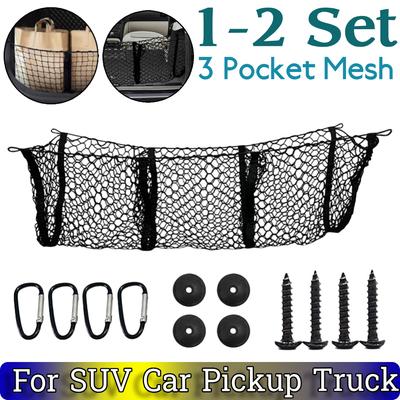 1-2 Set Cargo Net Trunk Bed Organizer 3 Pocket Mesh Polyester Truck Accessories Bed Grocery Holder For SUV Car Pickup Truck Bed