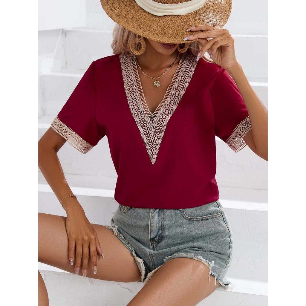 Summer Women's Lace Trim V-neck Short Sleeve T-shirt, European American Style Casual Tops For Women