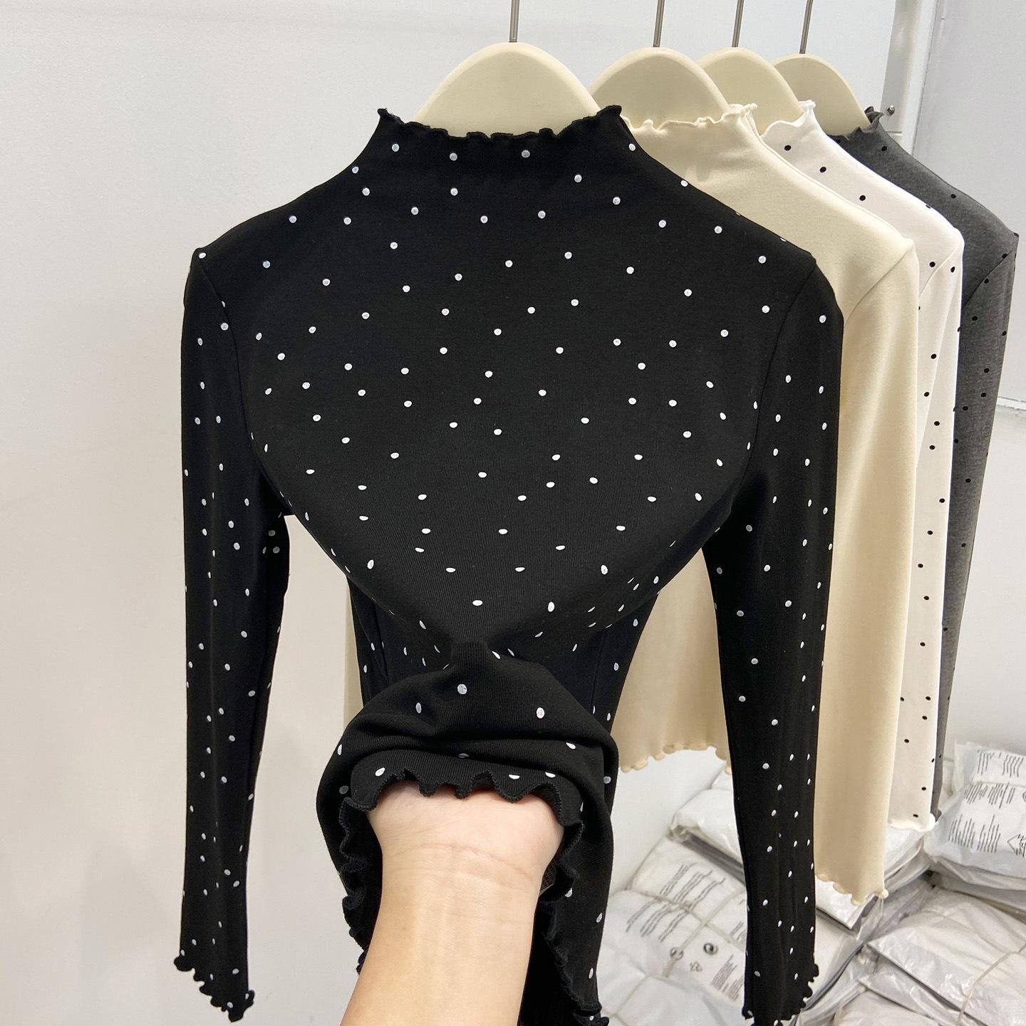 Women s High-End Polka Dot Ruffle Trim Long Sleeve Turtleneck Top for Autumn/Winter Medium