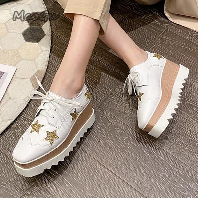 Zapatos de Moda Antideslizantes de Suela Gruesa para Mujer con Cordones de Charol Zapatos Casuales de Estrella Puntera Cuadrada Elegantes Zapatos de Salón de Tacón Alto Talla 34-40