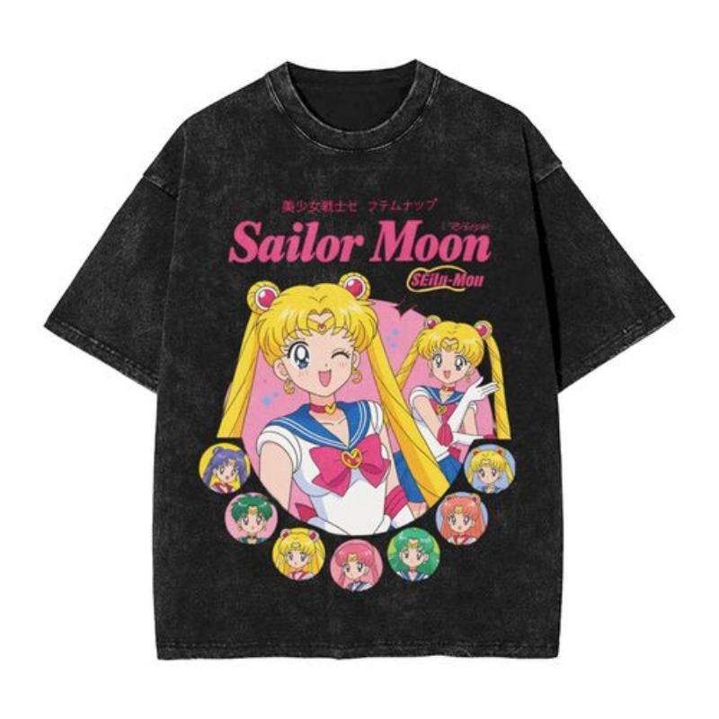 Sailors Moons Vintage Washed T Shirt  Women 100% Cotton Casual T-Shirt O Neck Anime Tees Short Sleeve Clothes Plus Size