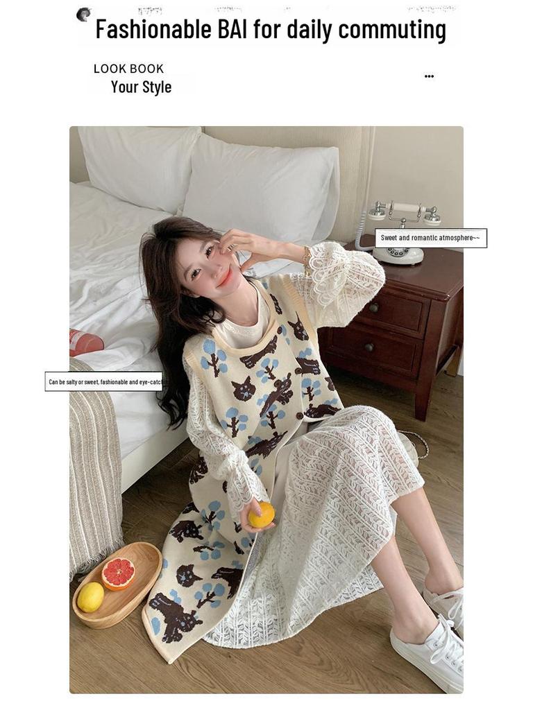 2025 Trendy French Printed Vest & Hollow Long Skirt Set: Sweet, Gentle Two-Piece Dress Suit