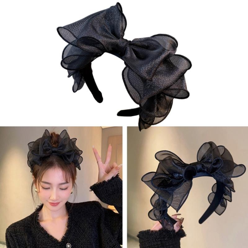 Retro-Mode Schwarze Schleife Stirnband Haarbänder Elegantes Netz Schleife Haarband Schwarz Haarschmuck für Mädchen und Damen