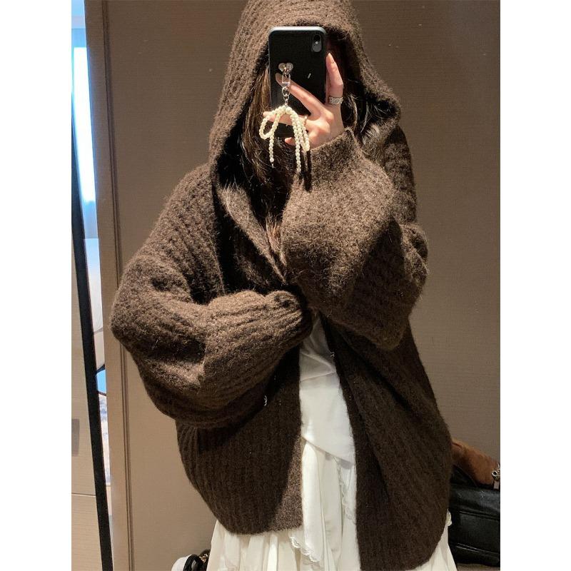 

Женская осенне-зимняя толстовка с капюшоном, свободная, ленивая, ветрозащитная, мягкая, восковая, средней длины, вязаный кардиган топ для женщин One size