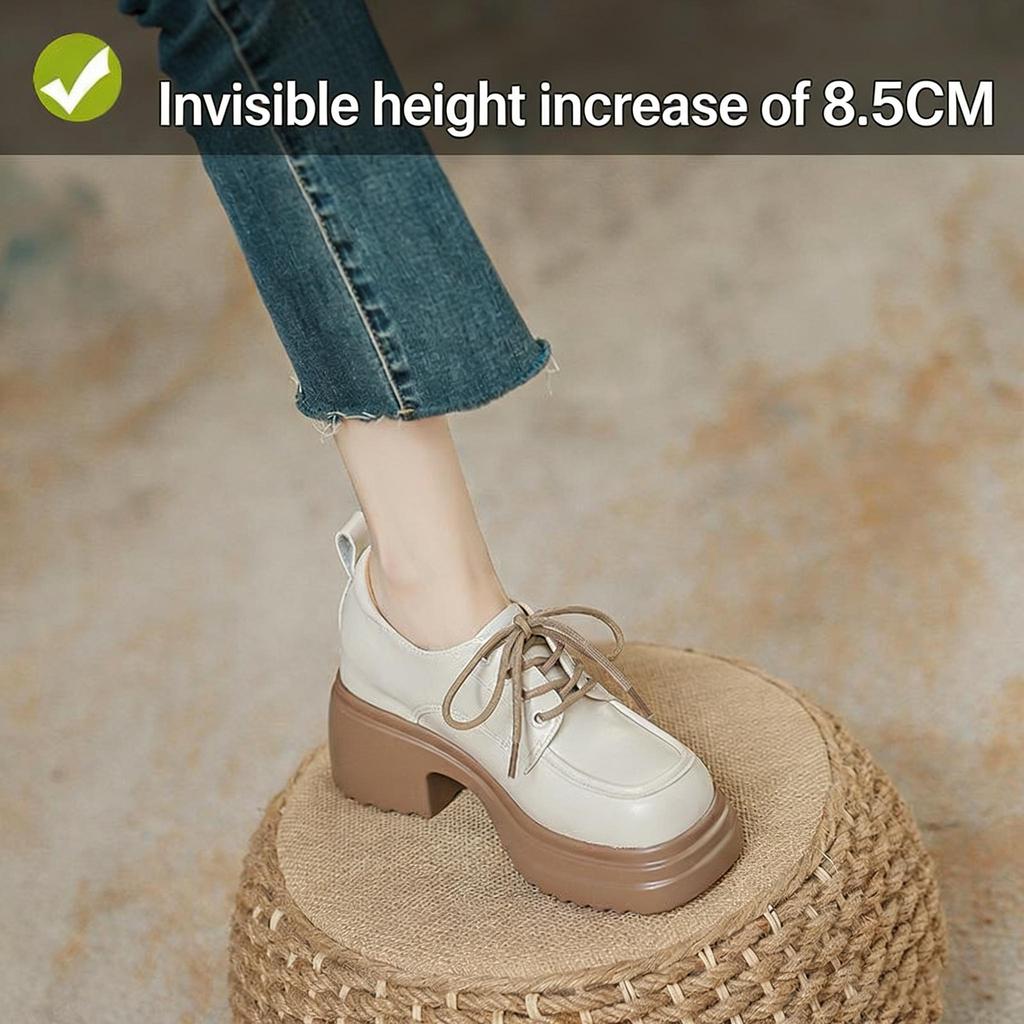 Women Inner Height Increasing Leather Shoes 8CM Hidden Heel Platform Lace Up Loafers Spring New Arrival