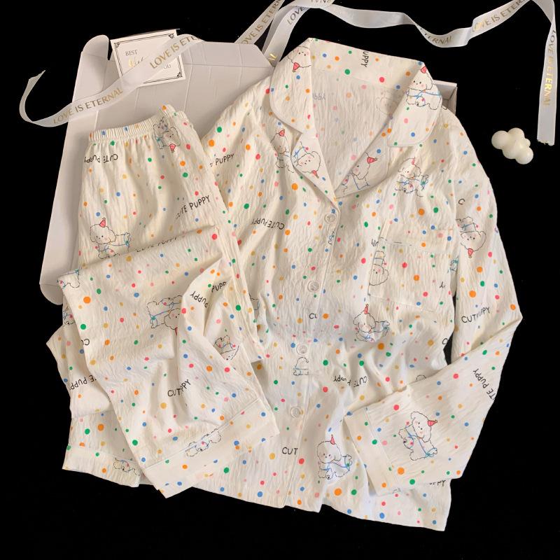 Color Polka Dot Puppy Pajamas Women'S Spring And Autumn Cloud Cotton Long-Sleeved Thin Cartoon Cute Home Set