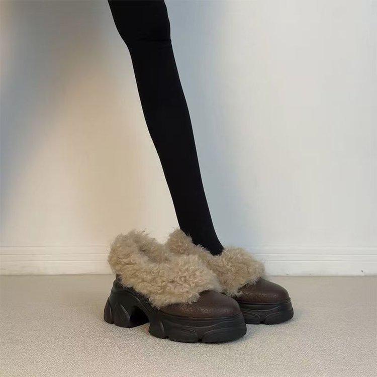 Small Thick-soled Heightening Fluffy Shoes, New Small Leather Shoes, Winter Velvet Warm Cotton Boots