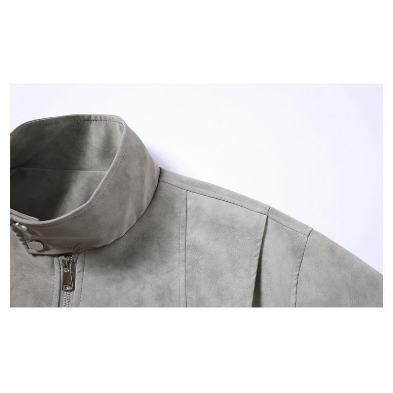 Men's Light Gray Suede Bomber Jacket, Stand Collar Casual Coat with Zipper Pockets, Retro Streetwear Style for Daily Wear