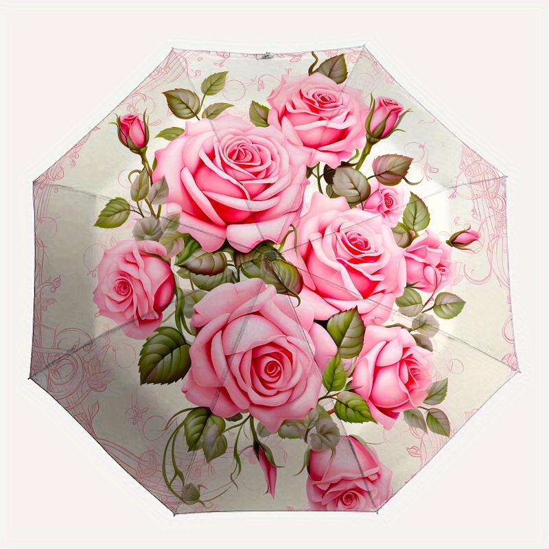 Rose Bouquet Automatic Folding Umbrella  Simple Eight Rib Design, Bright Color Pattern, Durable Iron Frame, Ideal for Travel and Outdoor, Be