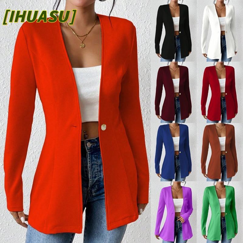 IHUASU Women's Vintage Casual Solid Color Print Autumn Winter Long Sleeve POLO Neck Jackets & Coats