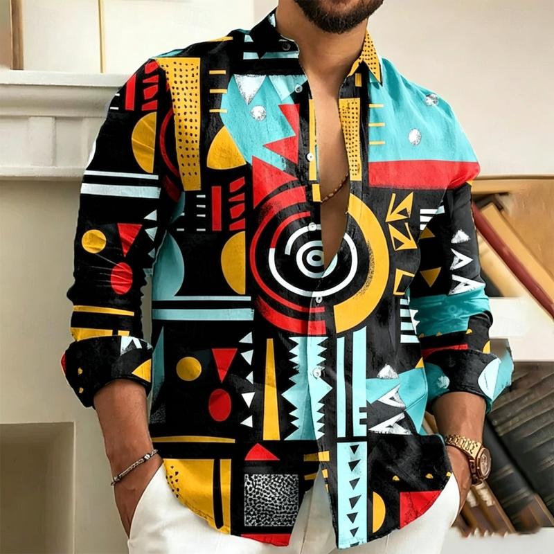 Trendiges Herren-Abstraktes Tribal Geometrisches Muster Langarmhemd, Hip-Hop Street Culture Urlaubs-Kragen Herrenhemd