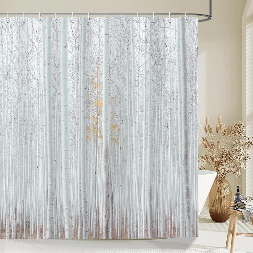 

Шторка для душу Березовий гай Зображення природного ландшафту Водонепроникний поліестер для ванної Кімнати Декорація з гачками W150xH180cm
