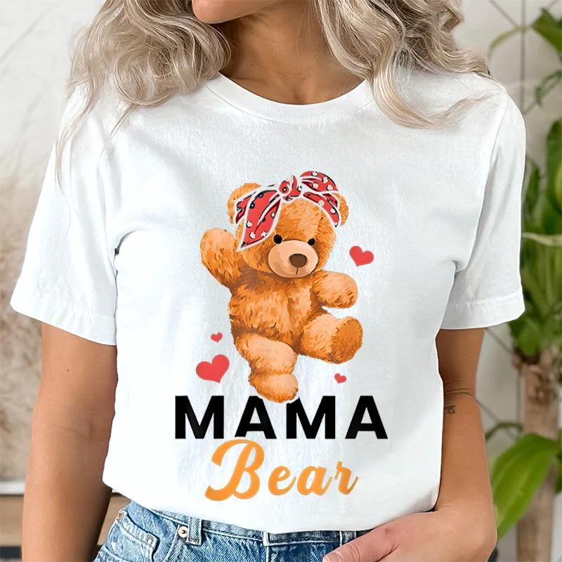 Teddy Mama Bear Graphic T Shirts Women Cartoon Bear Lover Graphic Tee Cute Teddy Mom Printed Women Tshirt Cartoon Classic Tops