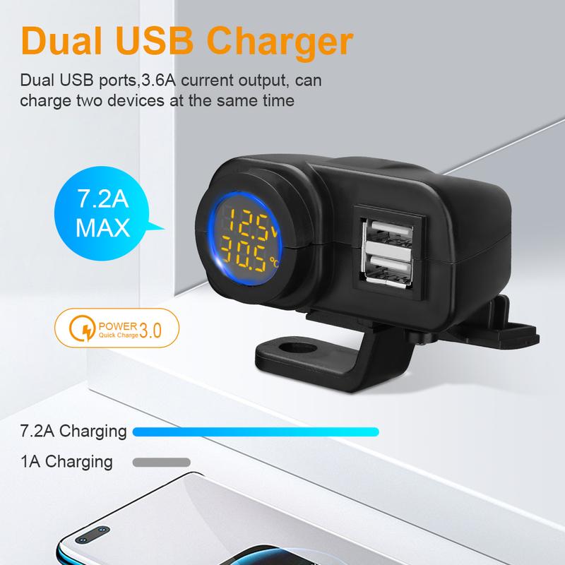 Extractme 36W Dual QC3.0 Motorcycle USB Charger Fast Charging Voltmeter Thermometer Digital Display Mobile Phone Charger Socket