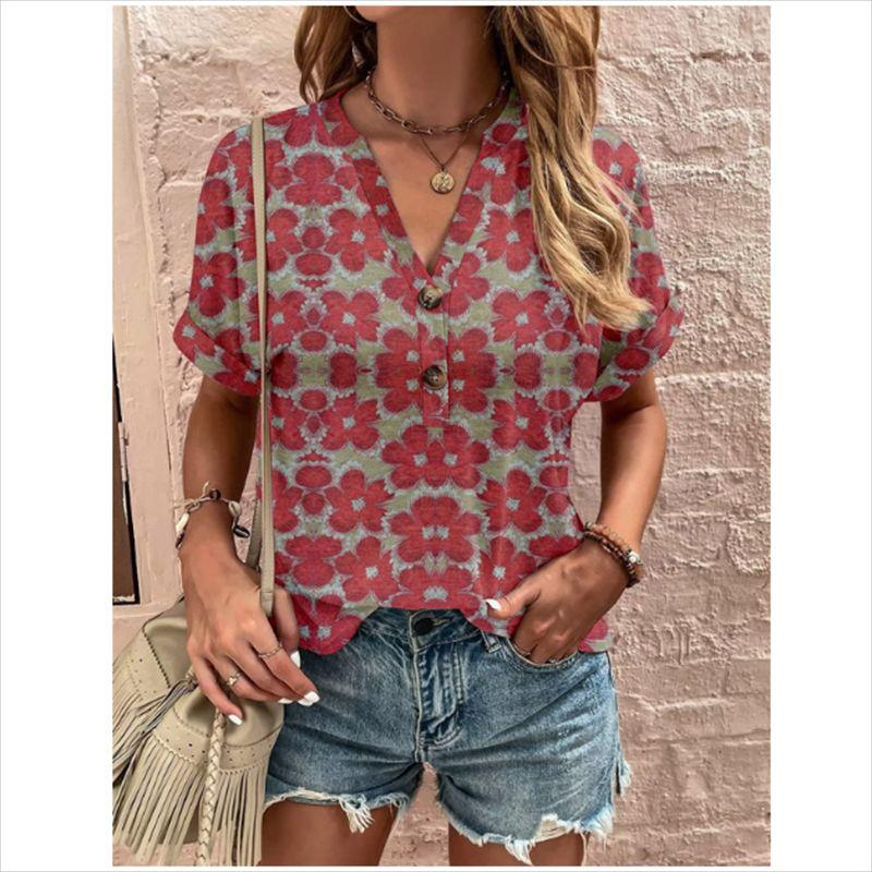 

Весна Лето Блузка Женская Повседневная Принт Женская Футболка Топы Red flowers XL