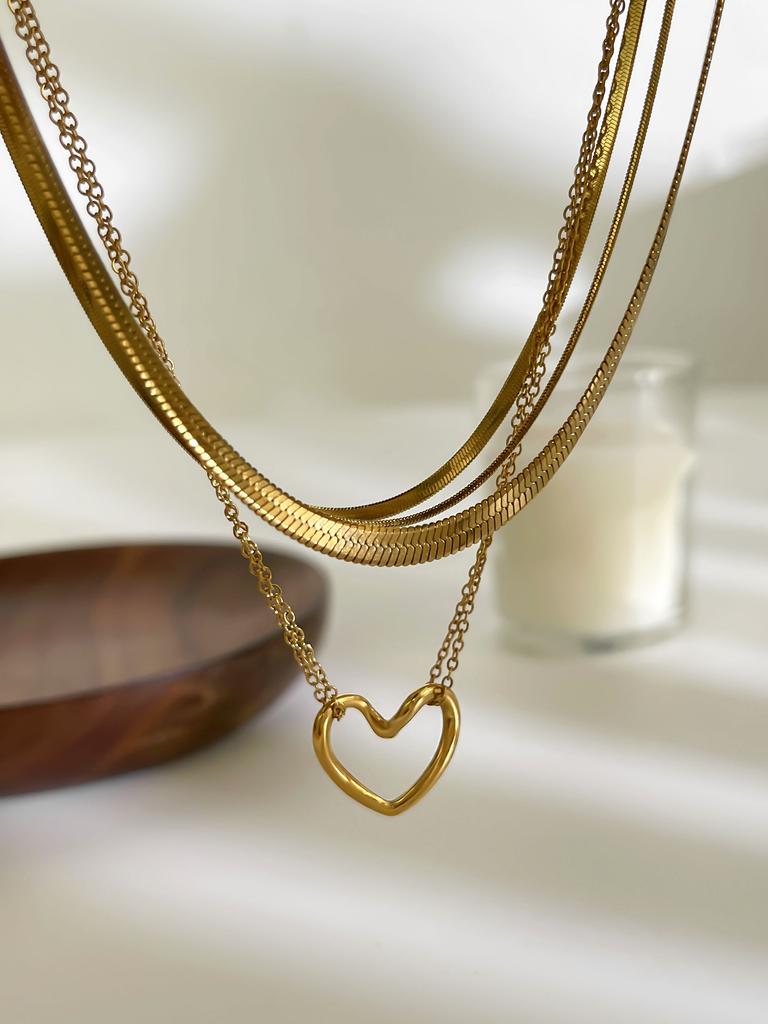GHIDBK Minimalist Stainless Steel 1mm 2mm 4mm Flat Snake Chain Hollow Heart Pendant Necklace for Women Fashion Stackable Zircon