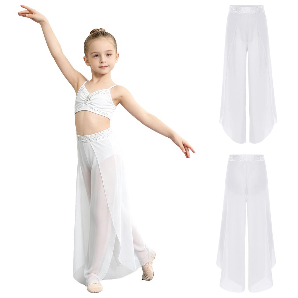 Kids Girls Lyrical Dance Pants Shiny Rhinestone Waistband Side Split Mesh Trousers for Stage Performance Competition