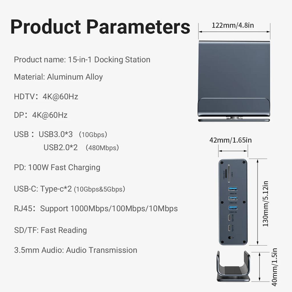 15 in 1 USB C Docking Station HDMI DP 4K HD Vertical USB C HUB with Triple Monitor,RJ45 1000M,USB 3.0/2.0,PD 3.0,SD/TF,Audio 3.5