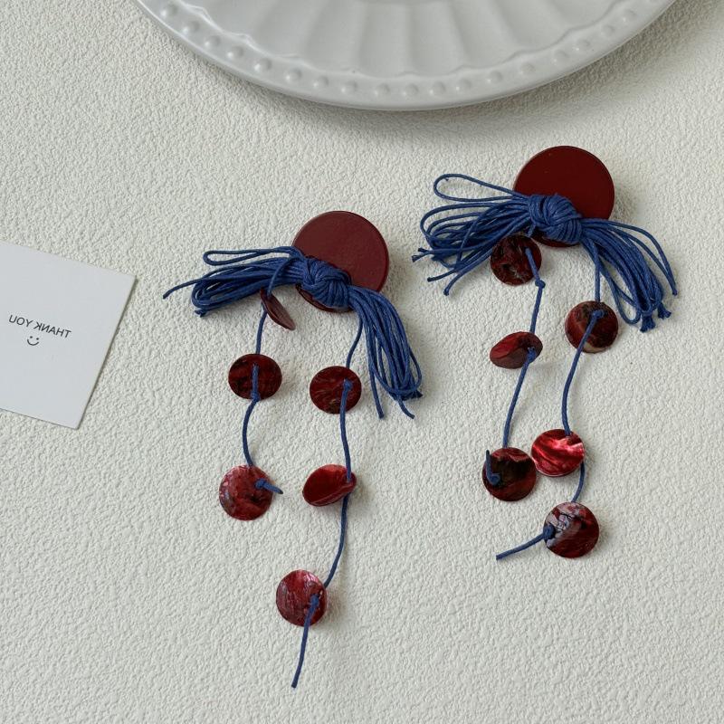 Red & Blue Chinese Floral Tassel Stud Earrings - Women's Luxury Design