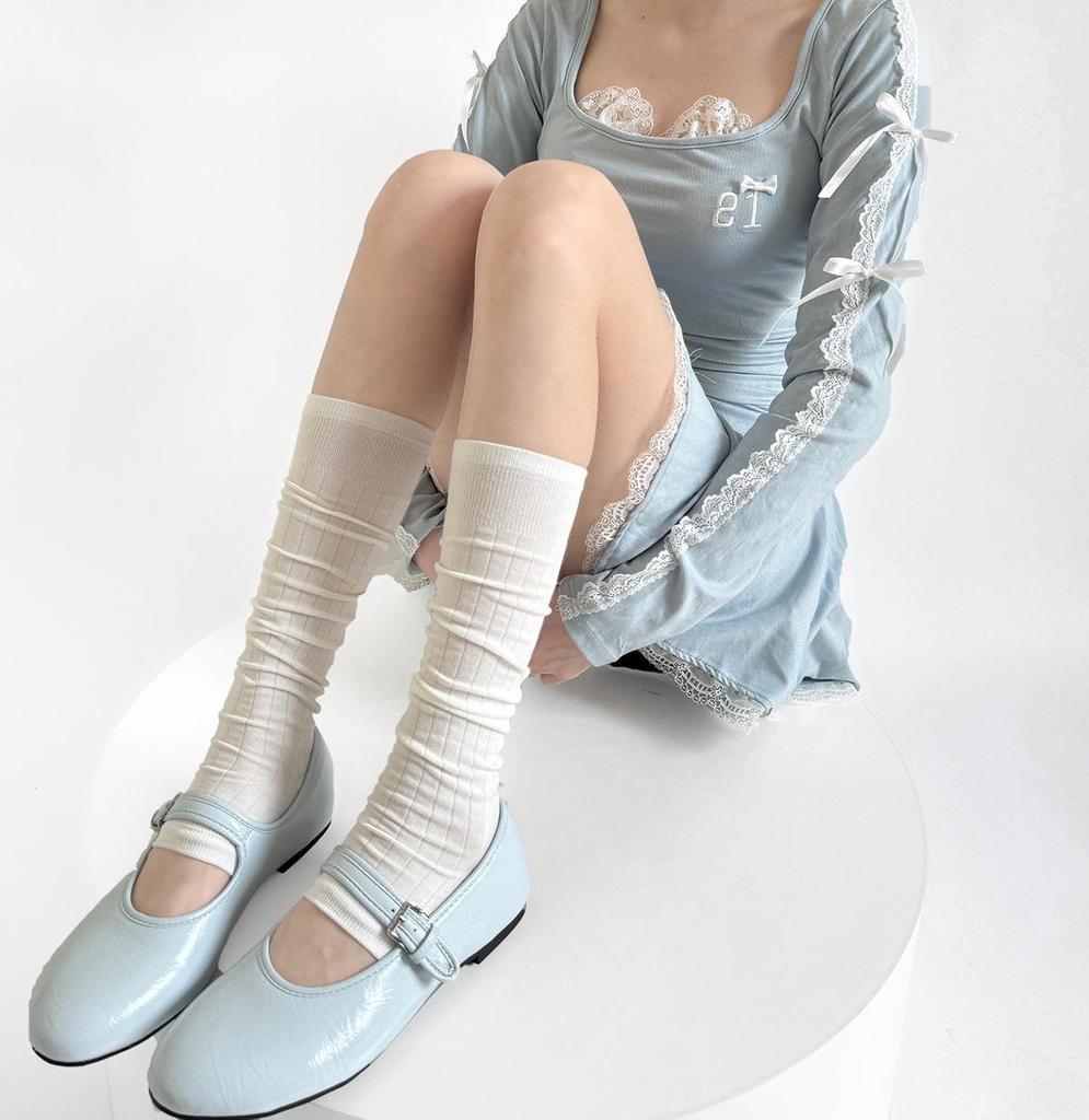 Women's Ballet-Style White Calf Socks: Sheer, Slouchy, Vertical Stripe, Versatile Summer Wear