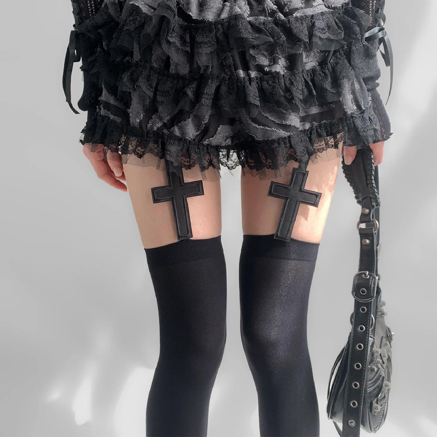 

Personality Cross Decoration Woman Suspender Socks Solid Color Thin Thigh High Lolita Anime Cosplay Gothic Over Knee Stockings One Size