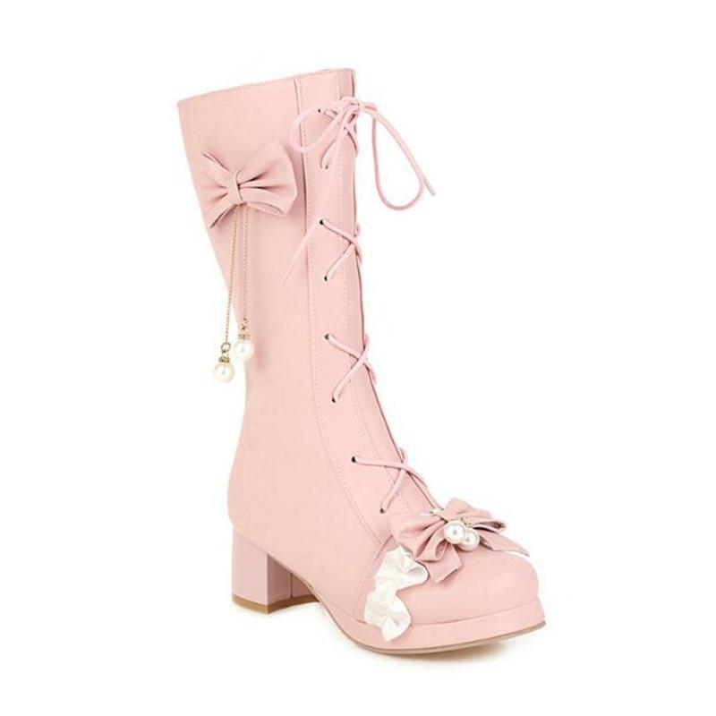 Girls High Heels Shoes Fashion Princess Wedding Party Shoes Cross Tied Bow High Heel Boots Women's Boots Ladies Shoes 30-46