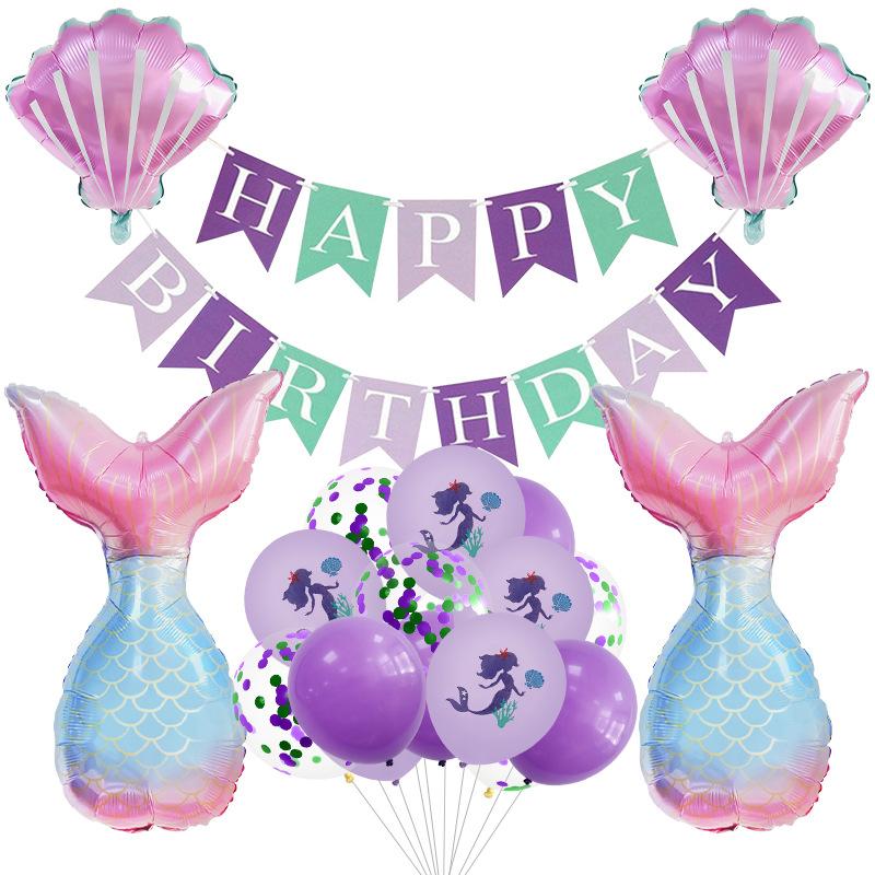 

23Pcs mermaid print latex balloon aluminum film fishtail sequins birthday flag party scene arrangement Mermaid Balloon Set B