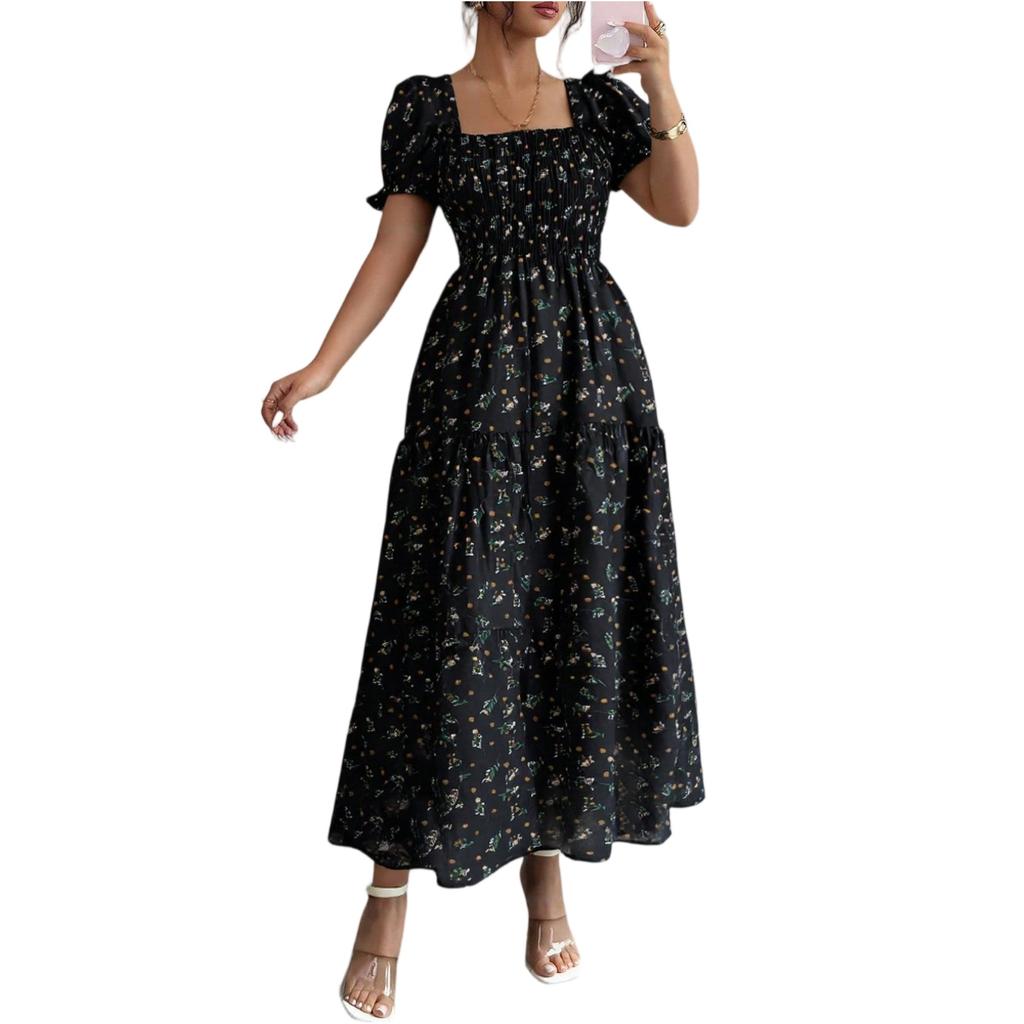 Women's Floral Print Square Neck Long Dress Summer Waist Cinched Puff Sleeve Midi Dress Casual Lightweight Flowing Dress for Daily Wear